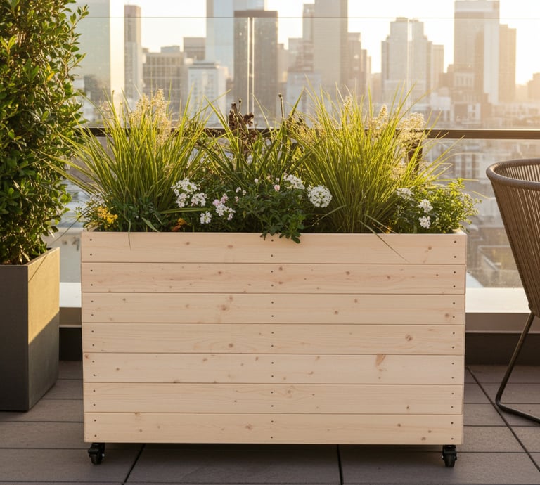 restaurant planter on wheels shallow bottom WOODEN OUTDOOR PLANTER GARDEN SOLID WOOD HANDMADE UK LONDON THROUGH tall large