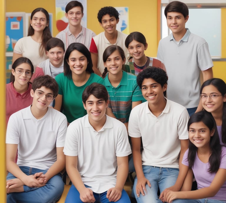 A group of international students sitting on a bench in a classroom.