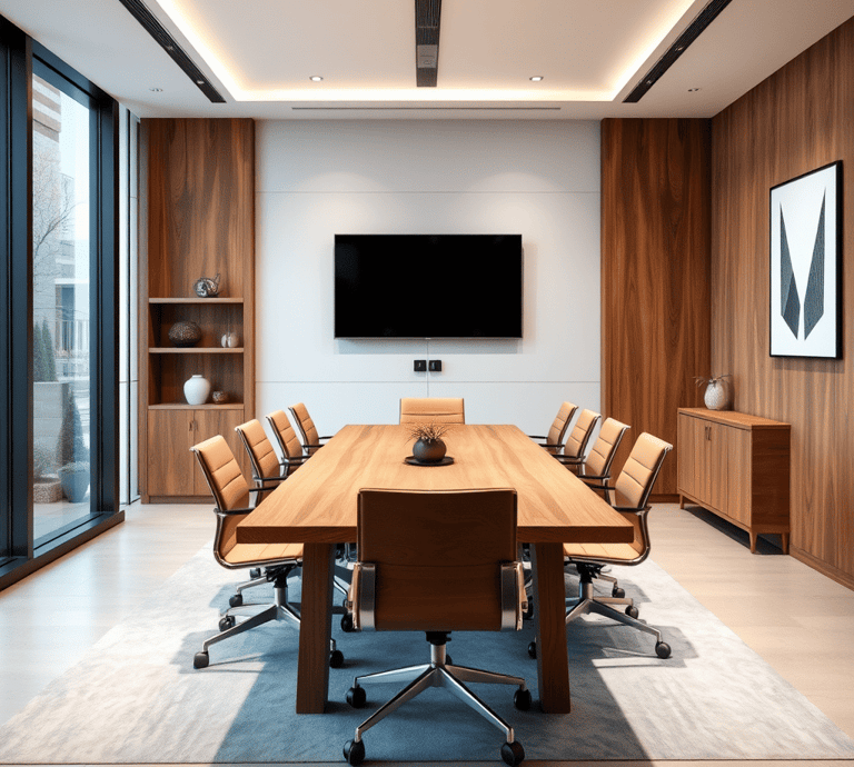 Sala de reuniões moderna e elegante com mesa de madeira, cadeiras de couro, TV na parede e painéis.