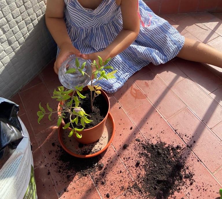 criança e bebé a regar as plantas