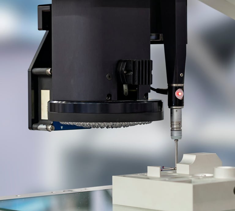 Micro-Vu optical CMM performing a CMM touch probe on a machined part.