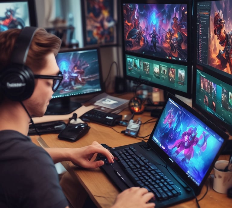 A vibrant scene showing a gamer streaming with a glowing microphone and chat overlay.