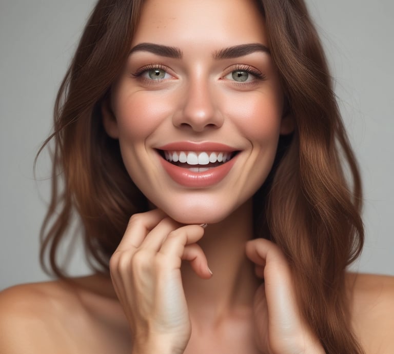 A joyful woman applying natural, clean makeup in soft morning light.