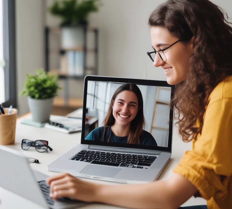 A friendly teacher engaging with students during an online Spanish lesson.