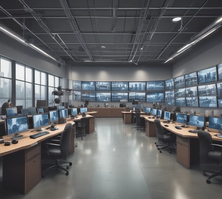 A sleek office environment showcasing advanced network cameras and video surveillance technology in action.