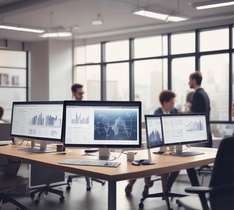 A team collaborating over laptops and documents in a bright modern office, symbolizing integrated business solutions.