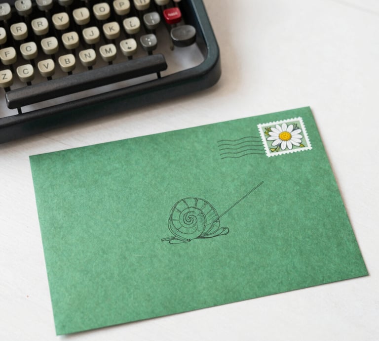 A cozy desk with a handwritten letter, a vintage stamp, and a cup of tea beside a softly glowing lamp.