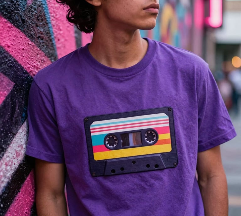 A close-up shot of a young person in a vibrant city in Latin America / Mexico wearing a cool vintage t-shirt, leaning against a graffiti wall under neon lights. The t-shirt features a colorful retro-pop emblem of a cassette tape. Dynamic, rhythmic urban vibe with strong purple and hot pink accents, captured on 35mm film.