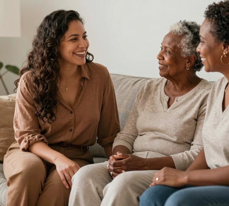 A warm moment between a caregiver and an older adult sharing a smile in a cozy living room.