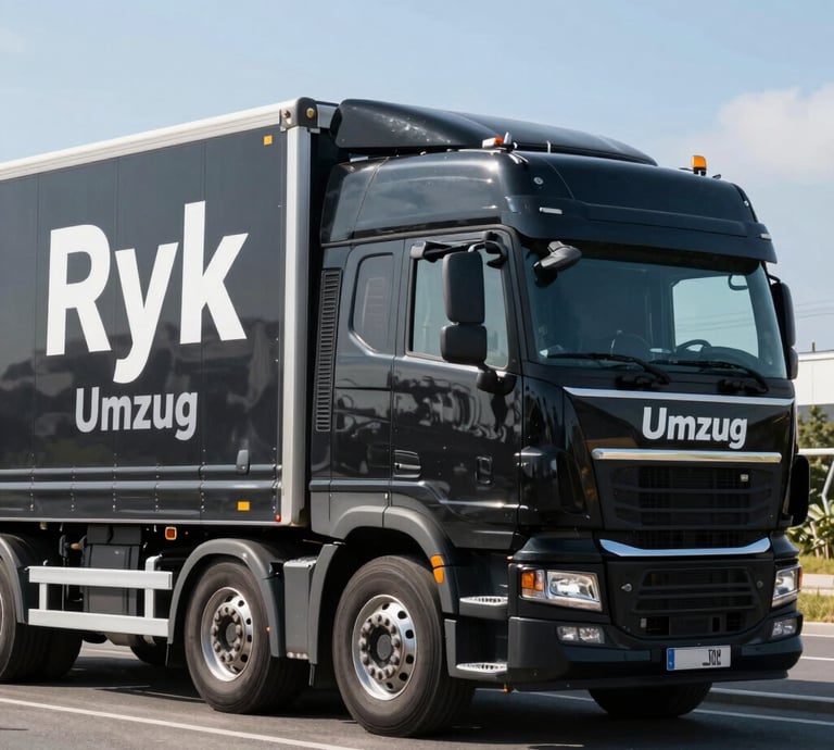 A sleek black moving truck with metallic gold accents parked in front of a modern home, ready for a premium move.