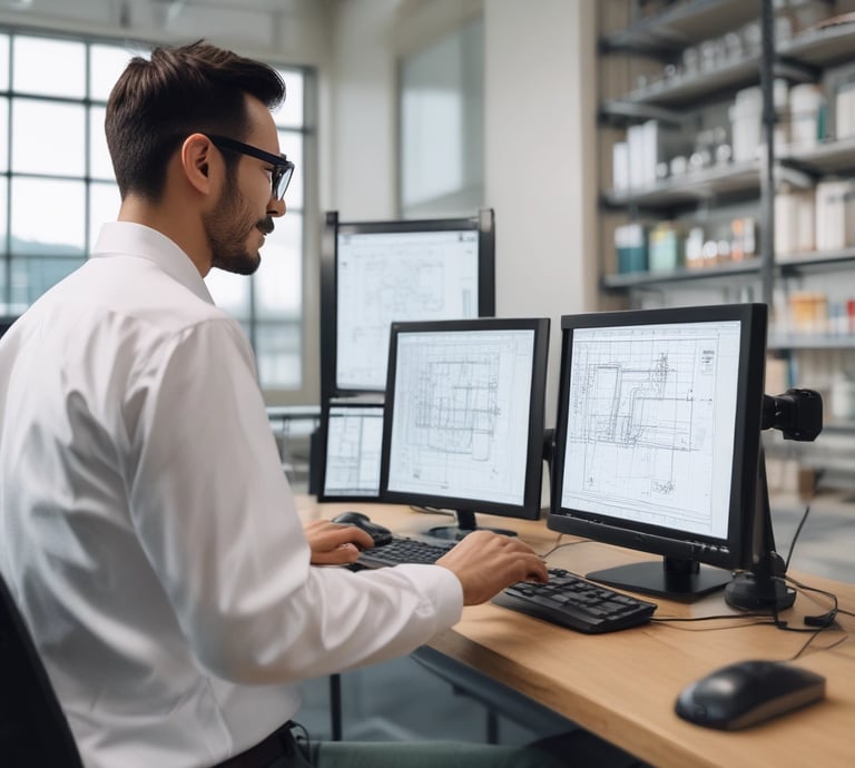 Engineer reviewing detailed water treatment plant layout drawings on a computer screen.