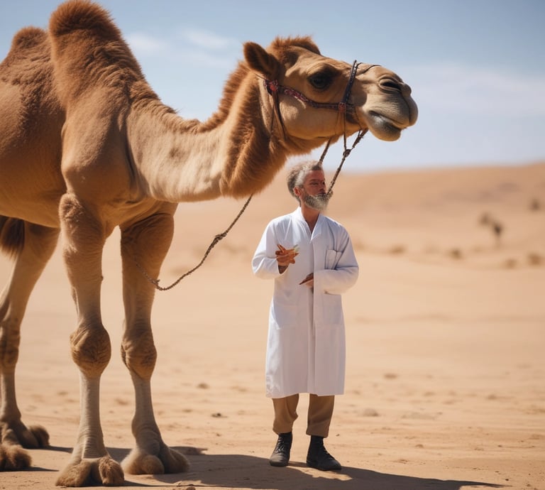 A veterinarian carefully examining a healthy camel in a sunny desert farm setting.