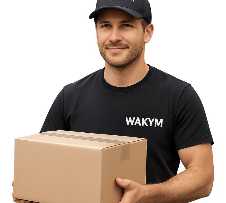 A professional driver with the WAKYM's logo on his cap and his t-shirt, carrying a box