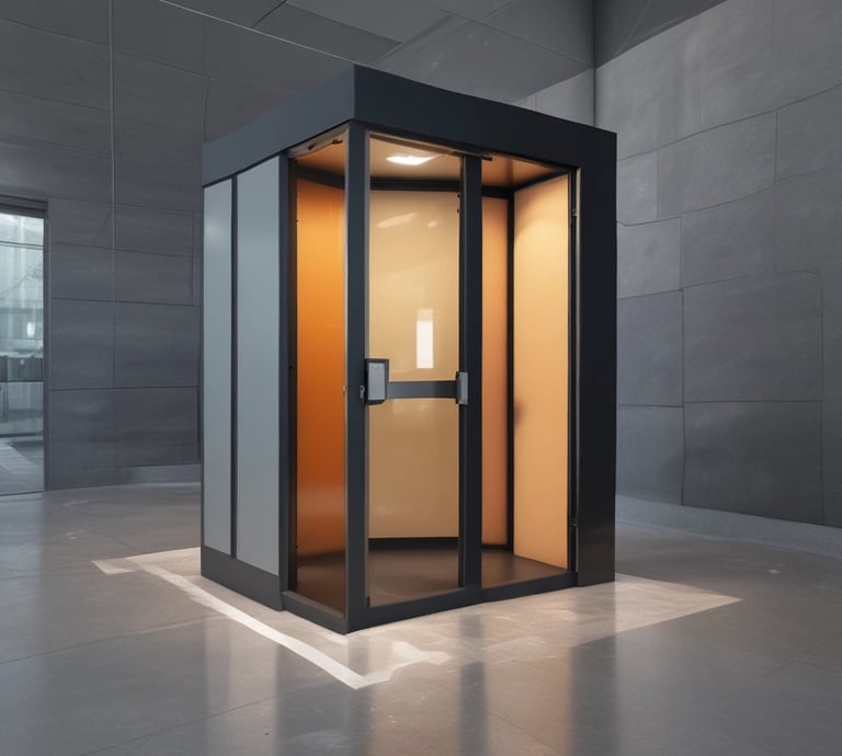 Professional security guards monitoring a corporate building entrance at dusk.