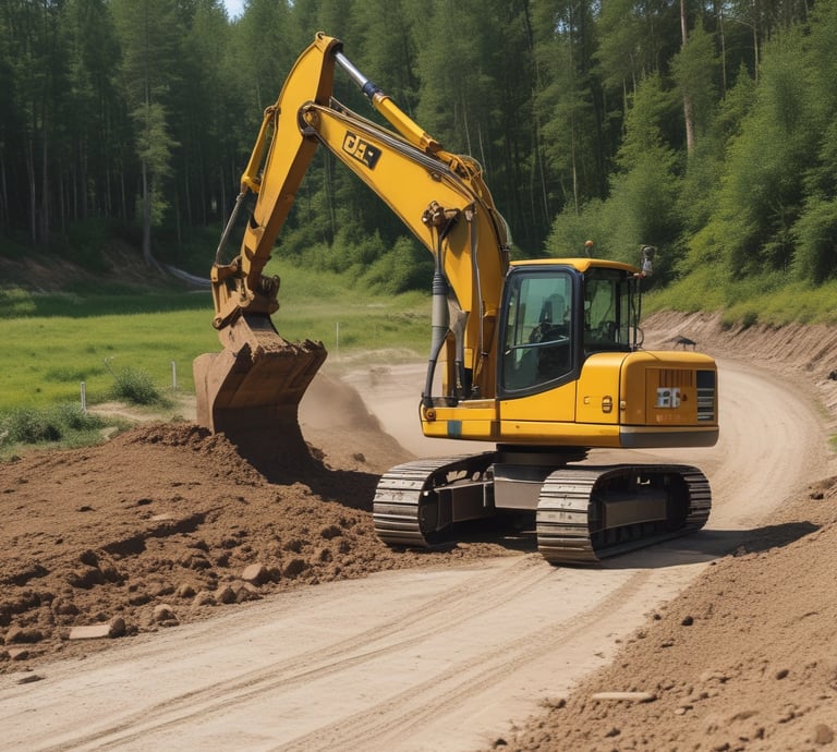 A heavy-duty excavator working on a rural construction site under a clear blue sky.