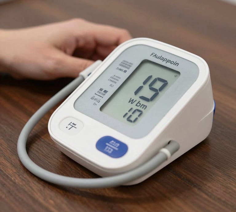A close-up of a sleek wrist blood pressure monitor on a white background with blue accents.