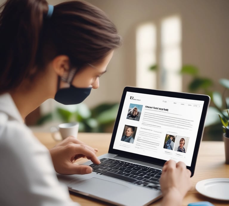 A friendly web developer working on a laptop with blue and professional color tones in the background.