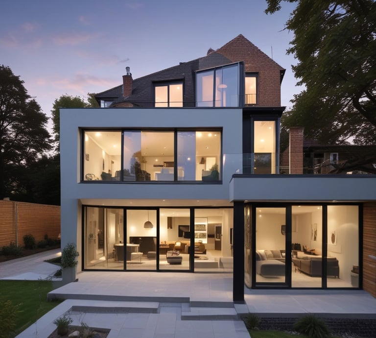 A charming before-and-after photo of a renovated UK house with fresh paint and a welcoming garden.