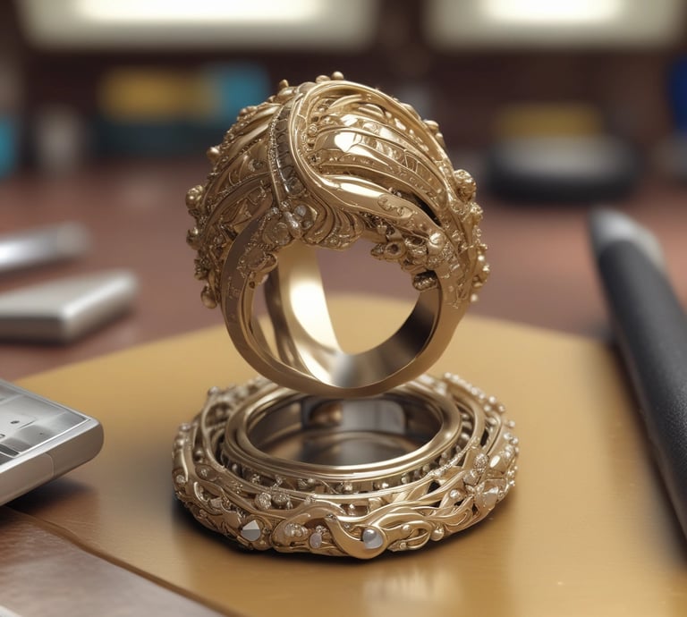 A skilled goldsmith delicately shaping a gold necklace under warm, soft lighting.