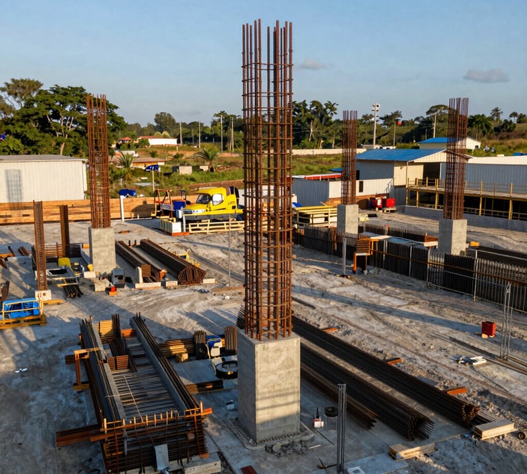 Vista detallada de una cimentación de concreto y estructuras de acero de alta calidad en un sitio de construcción en Latinoamérica, luz natural de mañana, enfoque profesional en ingeniería civil.