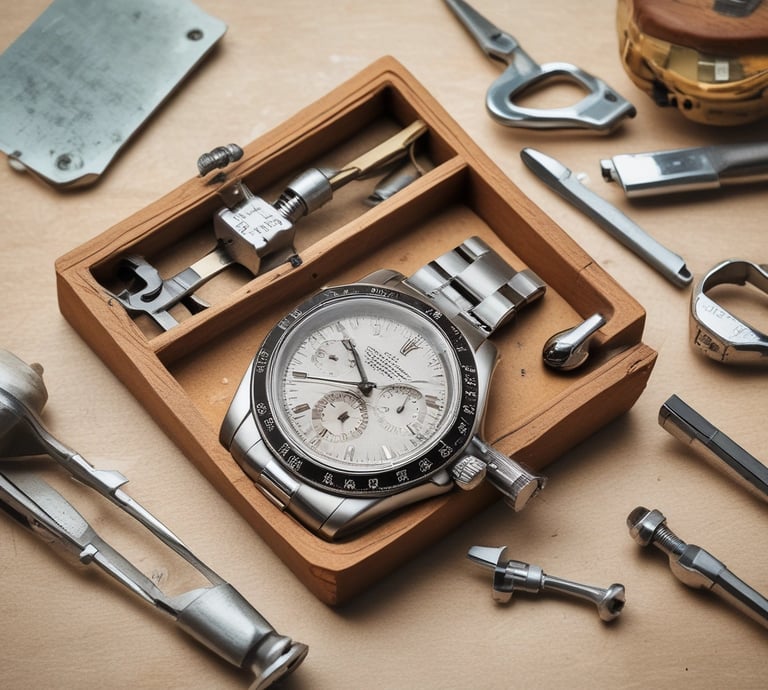 Close-up of a jeweler carefully repairing a delicate watch movement under bright workshop lighting.