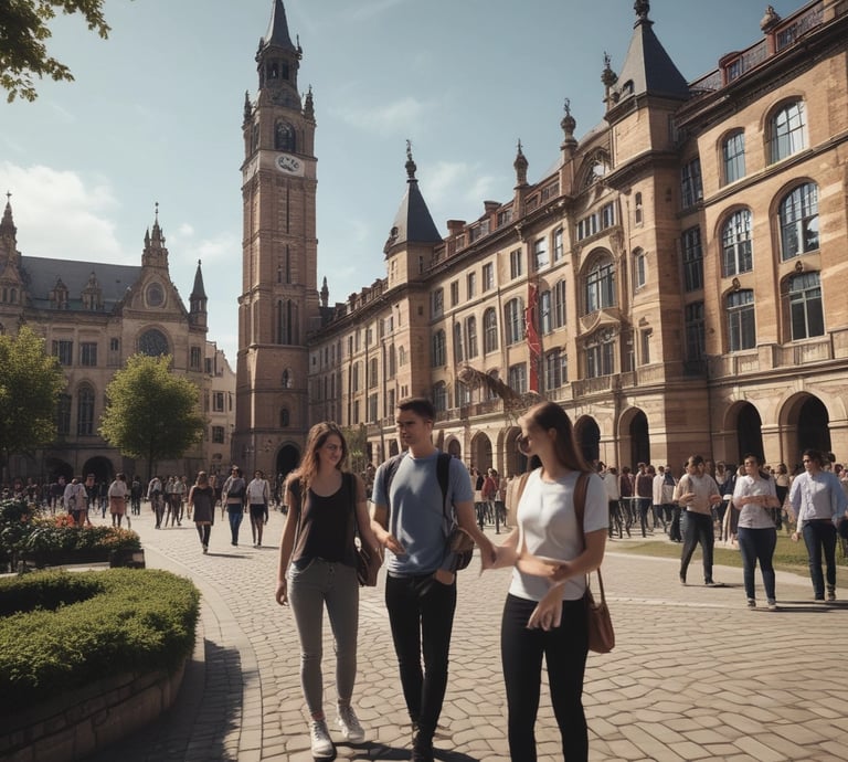 A vibrant image showcasing students studying in a European university setting.
