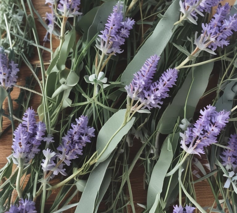 A serene close-up of lavender and silver dollar eucalyptus foliage bathed in soft natural light.