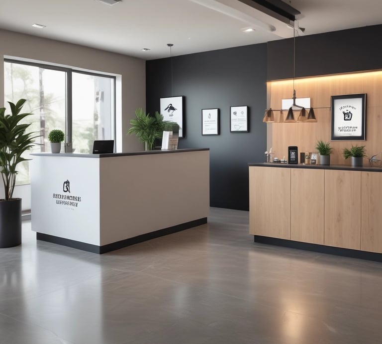 A friendly team collaborating over laptops in a bright, modern office space.