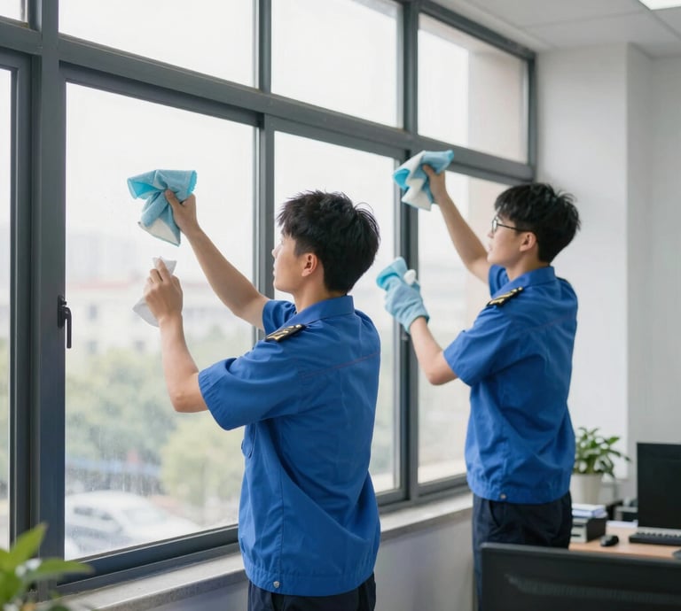 Two brothers in blue uniforms cleaning a large glass window in a modern office building with a bright, clear sky background
