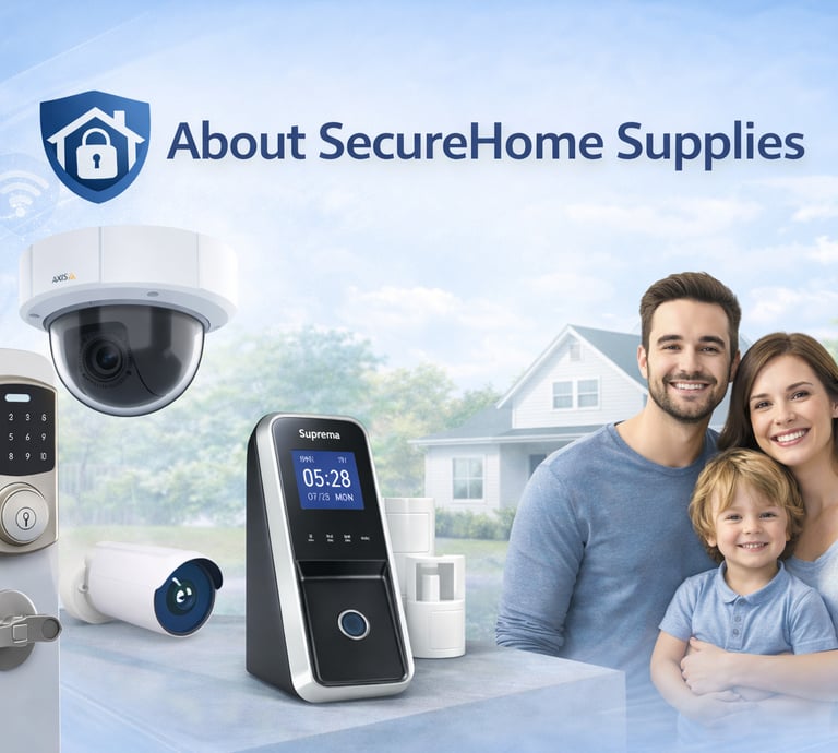 Family standing outside a home with smart lock, security cameras, and access control devices display