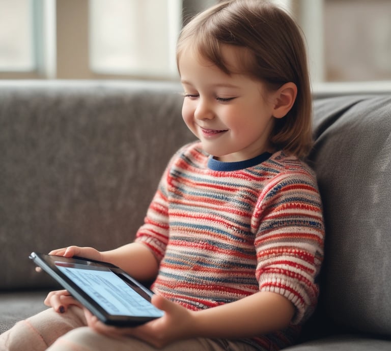 A bright, playful scene showing a parent and child exploring an interactive ebook together at home.