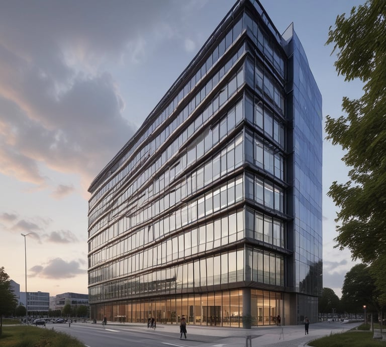 Modern office interior with dark blue and white decor, welcoming a high-end client.