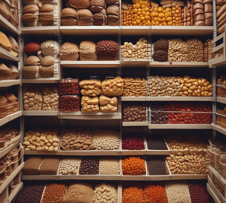 Brightly lit shelf stocked with cooking oils and spices in colorful bottles