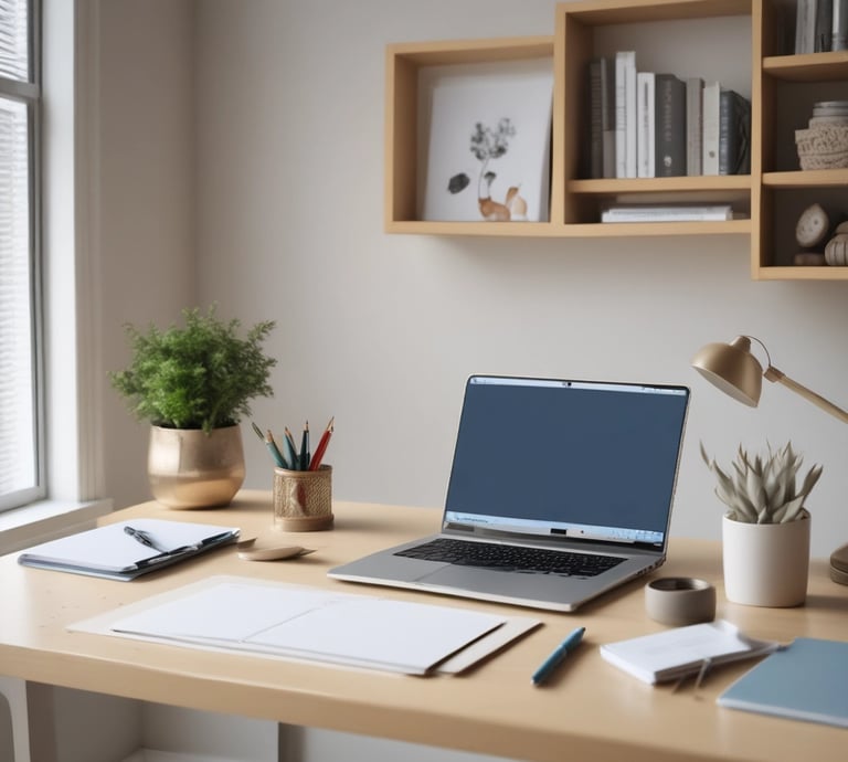 A cozy workspace with a laptop, planner, and coffee cup, bathed in soft natural light.