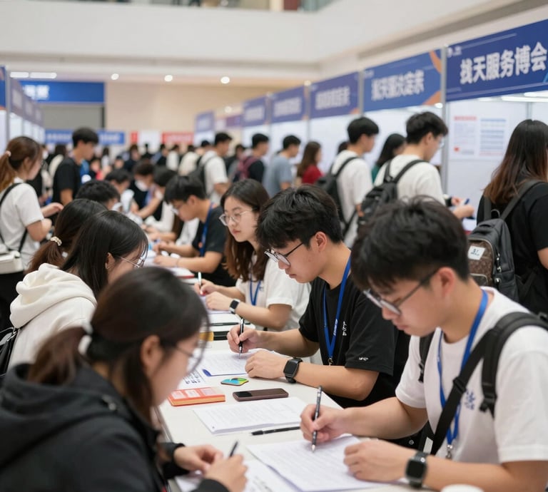 A busy shoe industry job fair with diverse professionals networking.
