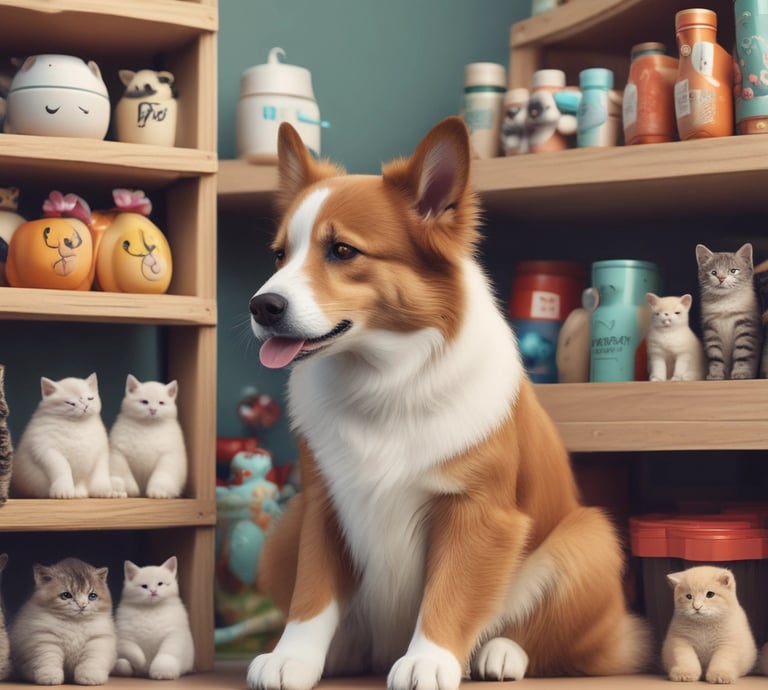 A cozy pet store corner with shelves filled with colorful pet toys and accessories.