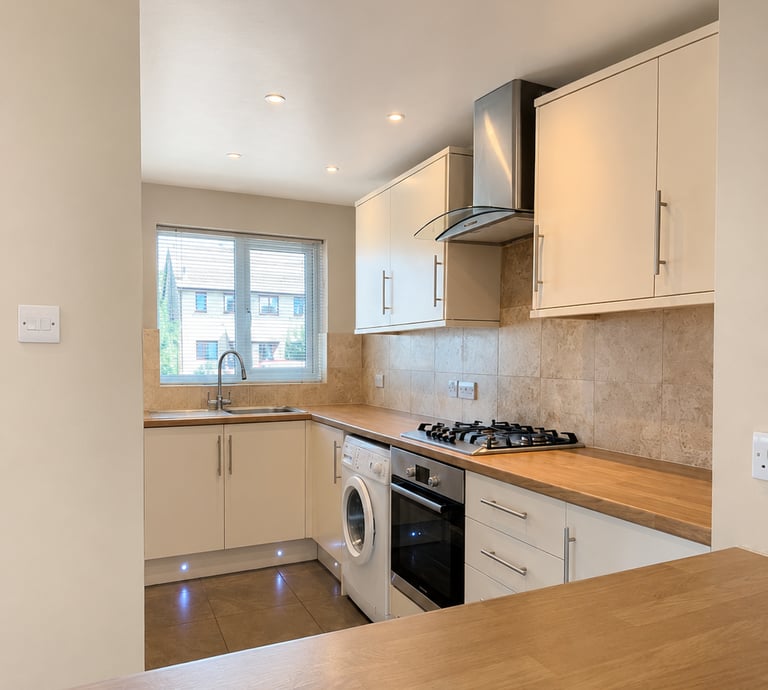 Modern L-shaped kitchen with cream cabinets, wood countertops, built-in oven, gas hob, Littlemore