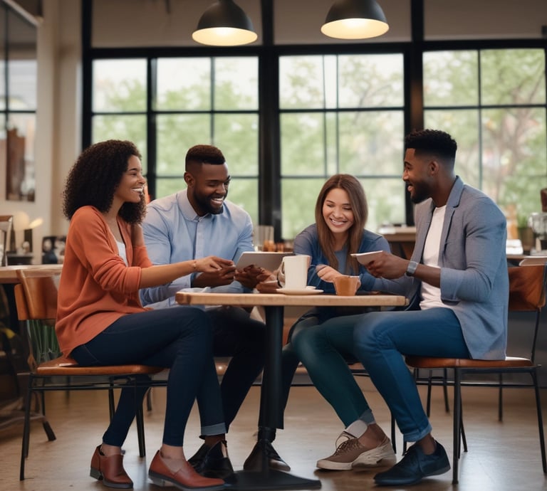 A diverse group of people reviewing property investment documents together in a bright, modern office.