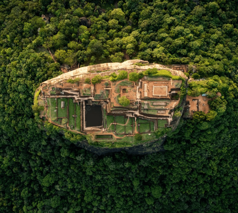 Aerial top-down view of the ancient Sigiriya Rock Fortress ruins surrounded by lush tropical jungle in Sri Lanka.