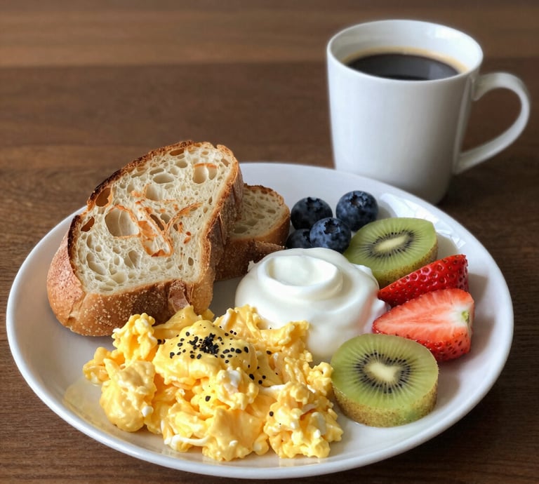 Close-up of a vibrant breakfast plate featuring fruits and whole grains.