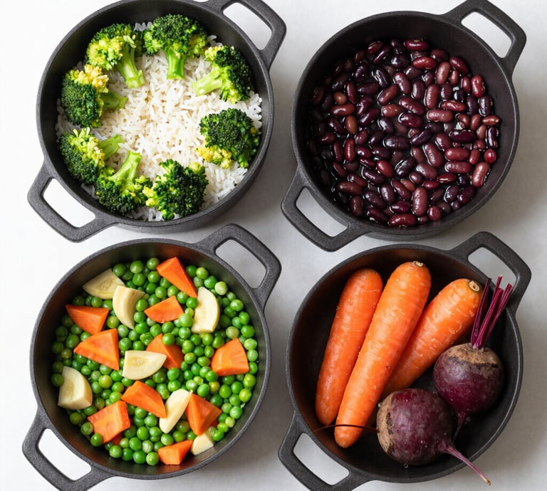 Colorful bowls with fresh, healthy meals ready to eat on a rustic wooden table.
