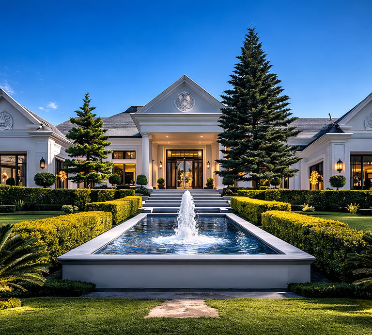 Luxury white mansion with a modern water fountain, manicured hedges, and evening garden lighting.