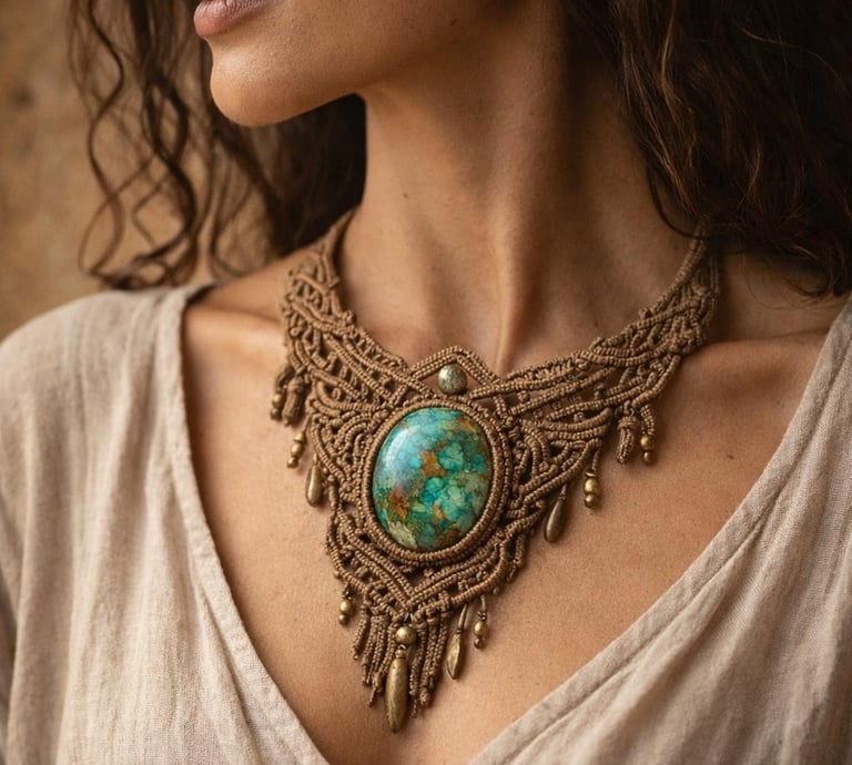 Collar llamativo bohemio de macramé hecho a mano con un gran colgante de piedra turquesa en cuello