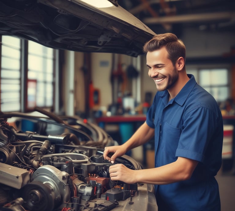 A mechanic working on a car engine in a bright, modern garage with tools 