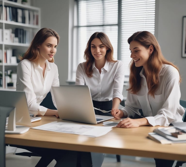 A confident business consultant discussing strategy with clients in a modern office.
