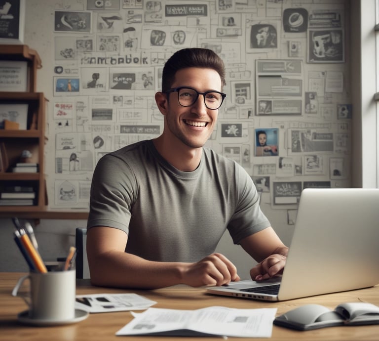 A vibrant workspace showing a team collaborating on social media campaigns with laptops and notes.