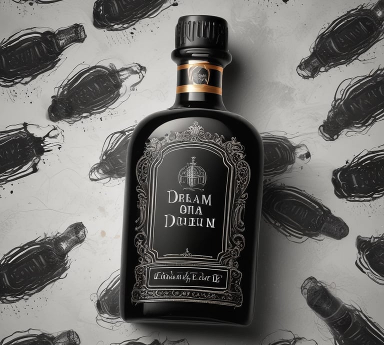 Vintage ink drawing of a bird on a tree branch inside a glass bottle with a cork stopper.