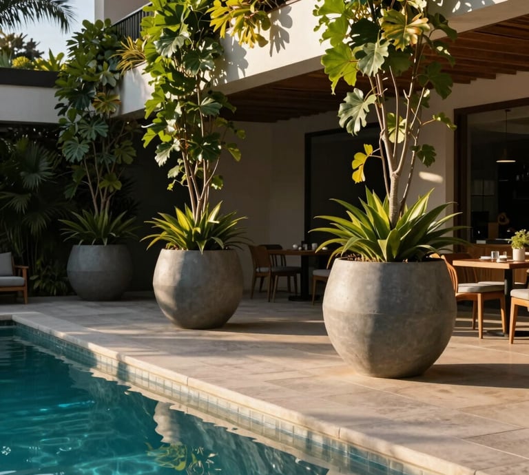 A beautiful contemporary South American gourmet area with a clear swimming pool, styled with large, sophisticated grey polyethylene planters and climbing green foliage under warm afternoon sunlight, professional photography.