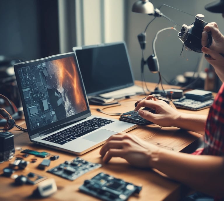 Technician carefully repairing a laptop inside a cozy home setting.