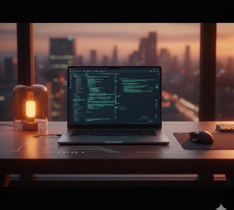 A laptop displaying code on a desk with a warm lamp and sunset city skyline view.